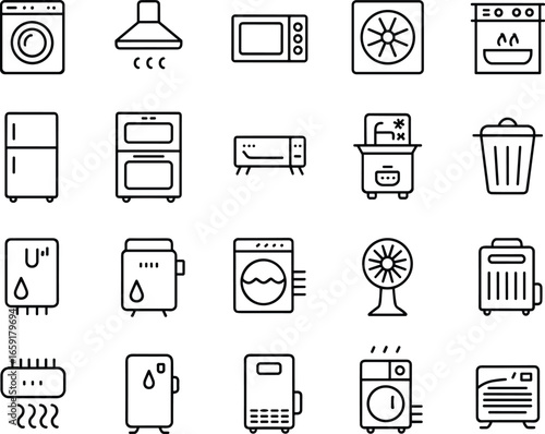 Household appliance icons set, kitchen devices, laundry machines, air conditioners, heaters, fans, refrigerators, microwaves, cleaning, home utilities, modern equipment symbols