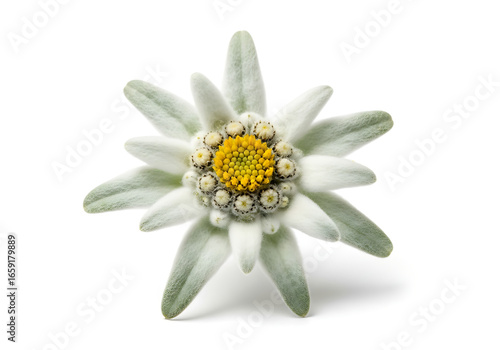 Edelweiss flower blooming against white backdrop, showcasing delicate petals and vibrant yellow center in a clean, minimalist composition.