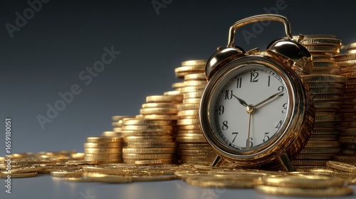 Time is Money: A golden alarm clock sits before a towering stack of gold coins, conveying the vital concept of time as a valuable asset, and money and business in a conceptual studio shot.