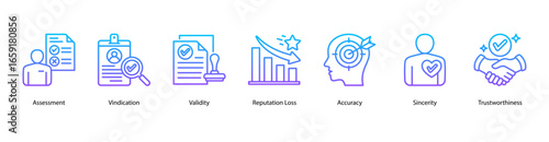 Truth and Review web banner icon vector illustration featuring Assessment, Vindication, Validity, Reputation Loss, Accuracy, Sincerity, and Trustworthiness.