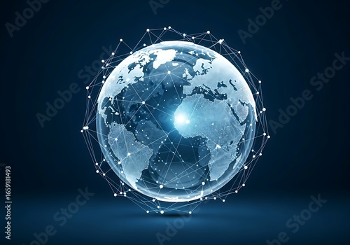 Abstract representation of a digital Earth globe with interconnected lines and points, symbolizing global communication, data, and network connections.