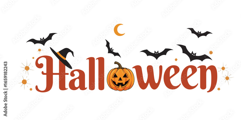 Fototapeta premium Halloween Typography with Pumpkins, Bats, Ghosts and Spooky Elements Vector Set