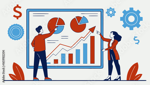 Flat vector illustration of businessman and woman analyzing charts on giant touchscreen board with bar graphs, pie charts, financial data, and corporate growth strategy