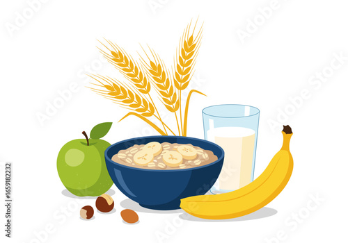 Healthy breakfast with oatmeal fresh fruits nuts and milk for a nutritious start to your day
