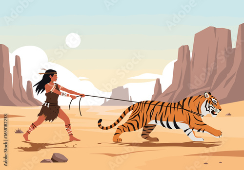 Brave woman leads a powerful tiger through a vast desert landscape under a bright sun