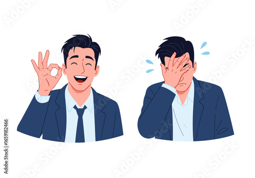 Two men expressing opposite emotions with facial gestures in a business setting