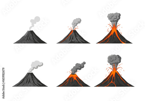 Illustrations of volcanic activity showing erupting lava ash clouds and flows representing different stages of an eruption