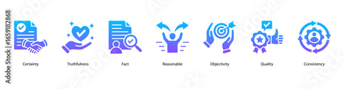 Truth Markers web banner icon vector illustration featuring Certainty, Truthfulness, Fact, Reasonable, Objectivity, Quality, and Consistency.