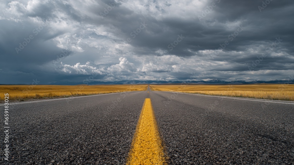 Fototapeta premium Road to the Storm: An endless road stretches into the distance, a yellow stripe guides the way, under a brooding sky suggesting anticipation and the journey ahead.