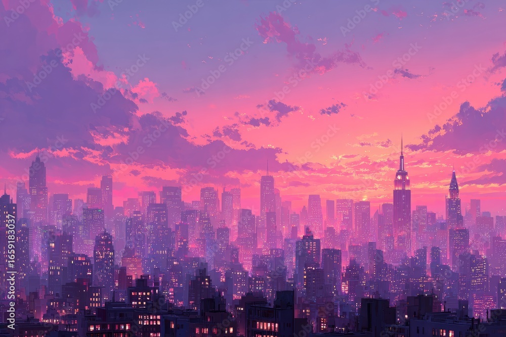 Obraz premium Pastel sunset over a city skyline