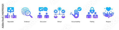 Social Reputation web banner icon vector illustration featuring Reputable, Evidence, Discussion, Ethical, Accountability, Fidelity, and Respect.