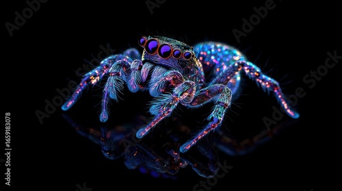 Jumping Spider, its multiple eyes are tiny, perfectly polished lenses, body covered in iridescent, scale-like hairs, surreal optical marvel texture, bright, sharp macro lighting