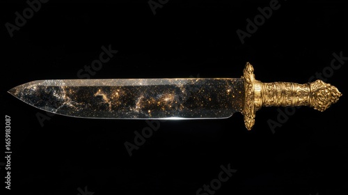 Mesoamerican obsidian sacrificial knife, polished to a mirror finish reflecting nebulae, intricate gold hilt, moody lighting