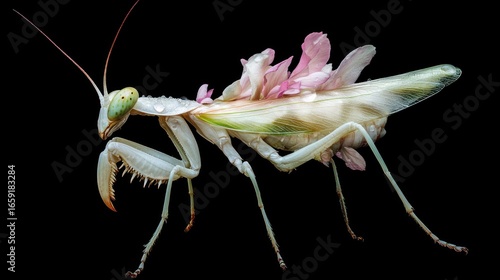 Flower Mantis, its body composed of actual, dew-kissed flower petals, legs like stems, surreal living bouquet texture, soft morning garden light