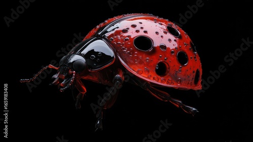 Ladybug, its spots are tiny, perfectly round black holes, shell a glossy red, surreal cosmic anomaly texture, clean macro lighting
