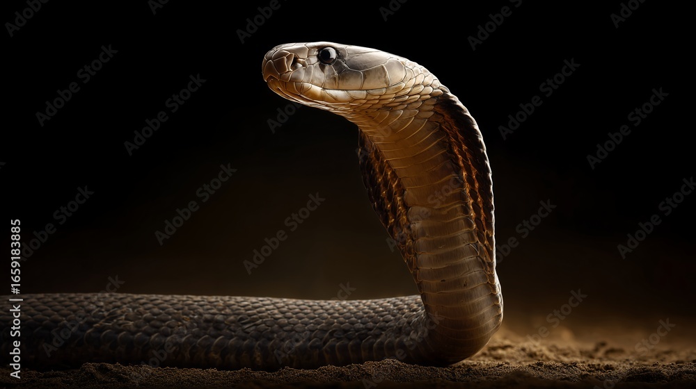 Fototapeta premium A close-up of a dangerous venomous cobra snake head with scales and a slithering tongue in the wild grass