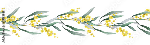 Obraz na plátně Golden wattle flowers seamless border decor element watercolor illustration