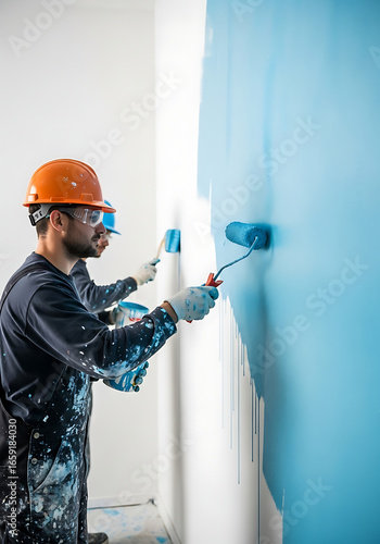 Construction worker painting interior wall with blue paint using roller in residential building, demonstrating skill and precision, creating a fresh and vibrant atmosphere.