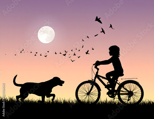 Child Riding Bicycle with Dog Silhouette