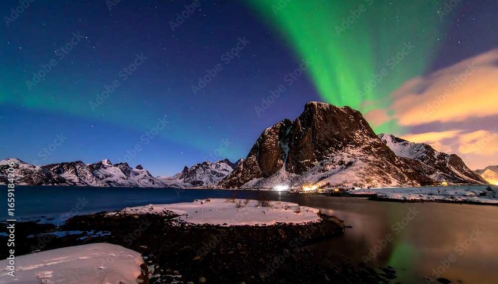 Naklejka premium Northern Lights over a snowy fjord (1)