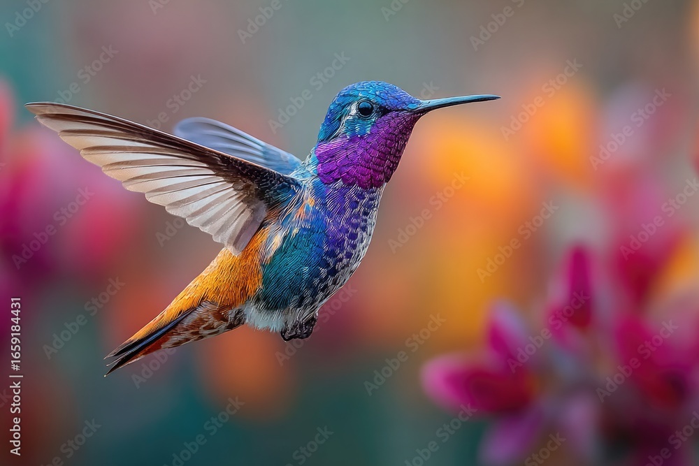 Fototapeta premium Colorful hummingbird in flight amidst vibrant flowers