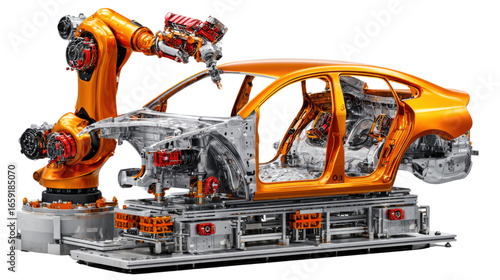 Robotic Precision: An industrial robot arm meticulously welds a car chassis on an automotive assembly line, showcasing the technological prowess of modern manufacturing processes.