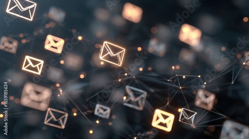Digital Mail Flow: A vibrant network of interconnected email symbols, gracefully navigating the digital landscape, symbolizing modern communication in a dynamic and visually engaging display.