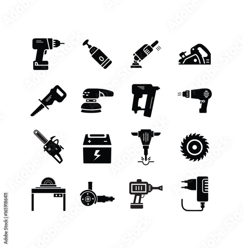 Power tool solid silhouette icon set, construction, repair, woodworking, industrial equipment vector