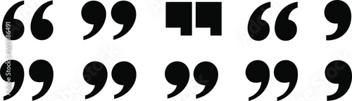 Quotation marks collection, punctuation symbols, black comma icons, typographic elements, editorial writing tools, language marks, grammar design, text typography set illustration