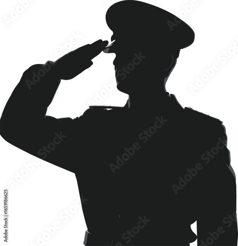 Silhouette of military soldier saluting, army officer respect, patriotic salute pose, honor and duty, armed forces hero illustration