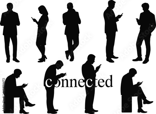 Silhouette people using smartphone, connected digital lifestyle, modern communication, mobile technology, social media addiction, internet connection, urban business, online interaction concept
