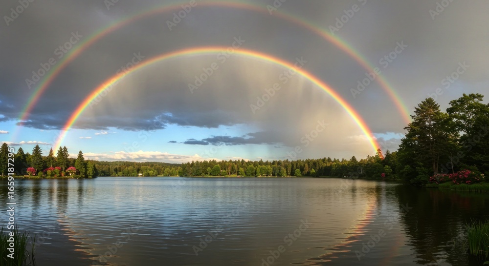 Naklejka premium A breathtaking double rainbow arcs over a tranquil lake surrounded by lush green trees and vibrant red flowers under a dramatic, stormy sky
