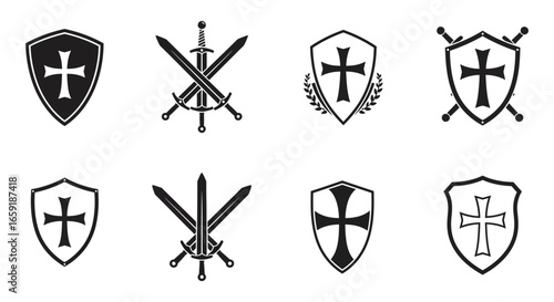 Collection of medieval shields and swords with crosses and laurel wreaths