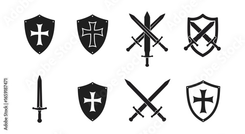 Medieval shield and sword icons in black and white