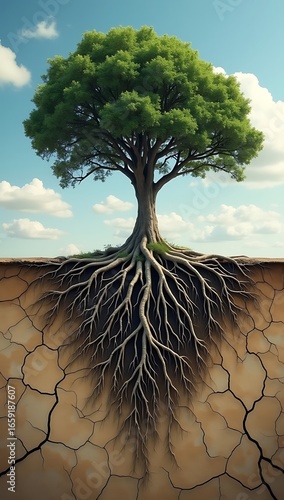 A tree growing on barren cracked ground, but its underground roots form the shape of a human brain, symbolizing knowledge, survival, and deep thinking.