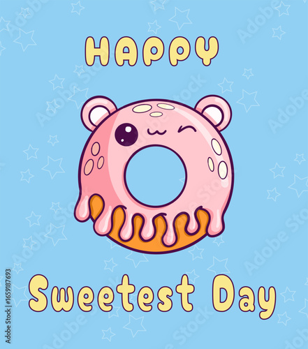 Smiling pink donut with frosting, sprinkles, and bear-like ears with text Happy Sweetest Day. Colorful, fun design perfect for gifts, cards, events, invitations, sweet celebration themes.