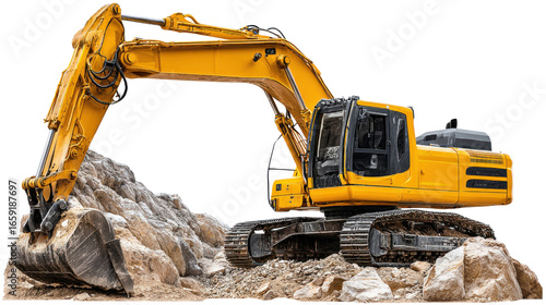 Heavy Machinery: Captivating shot of a robust excavator in action, against a stunning display of natural stone. the machine stands poised.