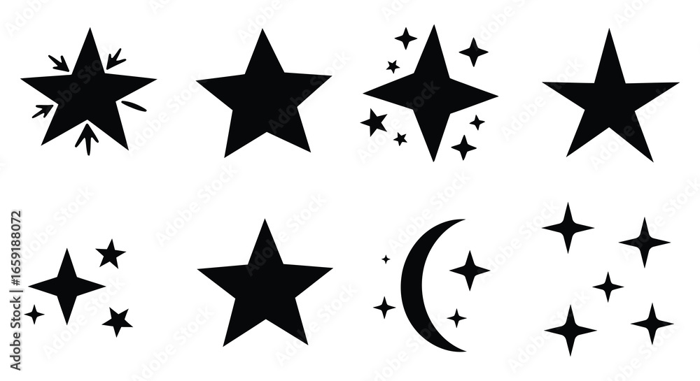 Fototapeta premium Collection of black star shapes and symbols on white background