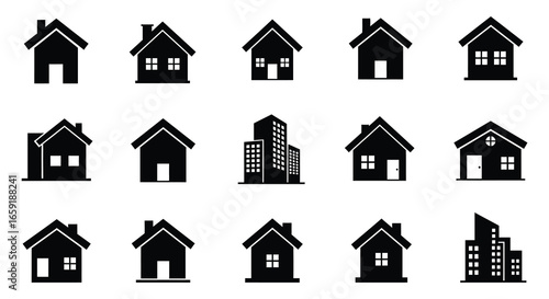 Collection of various house and building silhouettes in black on white background