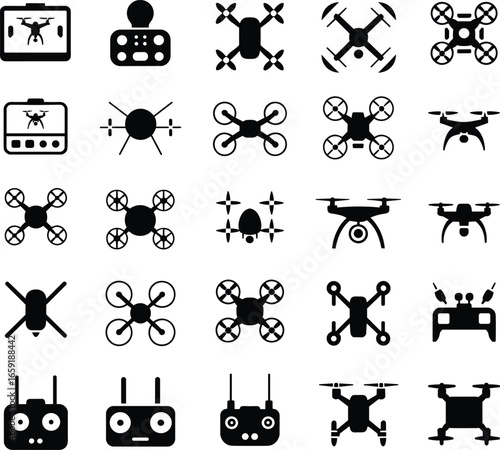 Flat vector drone icons pack with remote controllers, quadcopter silhouettes, UAV design elements, aerial photography illustration, modern flying technology symbols