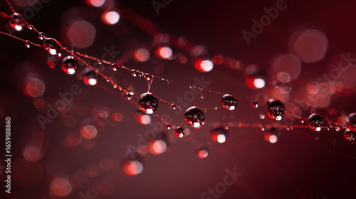 Dewdrops on a spiderweb with ominous red shadows, representing the spread of disease.