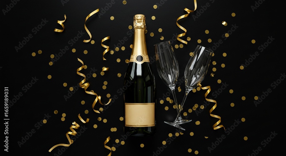 Fototapeta premium Elegant Celebration Champagne Bottle with Glasses and Golden Confetti Still Life