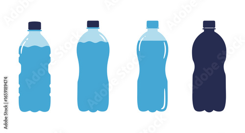 Four plastic water bottles in different shades of blue and black
