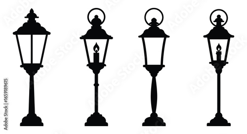 Black silhouettes of four different street lamps on white background