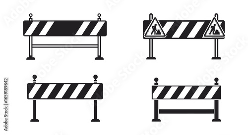 Four different types of road barriers with warning signs and stripes