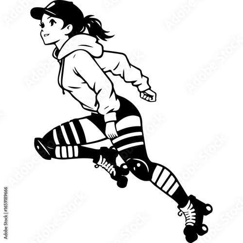 Sketchy sport emblem of extreme sportswoman easily rushes on roller skates. Engraving minimalistic vector in black ink drawing on transparent background
