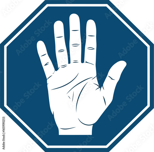 Vector vector art of white open palm hand symbol inside a blue octagon stop sign, representing prohibition or warning transparent background