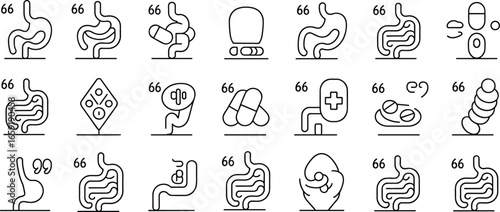 Flat vector medical icons with stomach, gut health, probiotics, digestion, intestine care, supplement pills, healthy microbiome, digestive system treatment