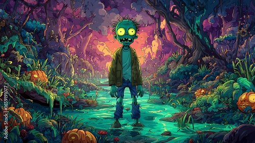 A cartoon zombie standing in a swamp surrounded by pumpkins and spooky trees and purple sky background halloween art