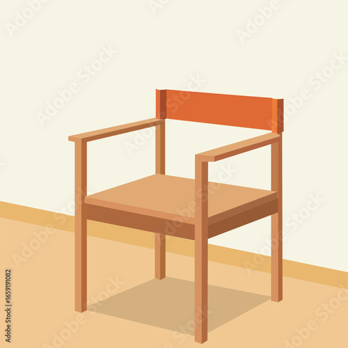 Simple wooden armchair awaits a sitter in a brightly colored room, furniture design concept illustration
